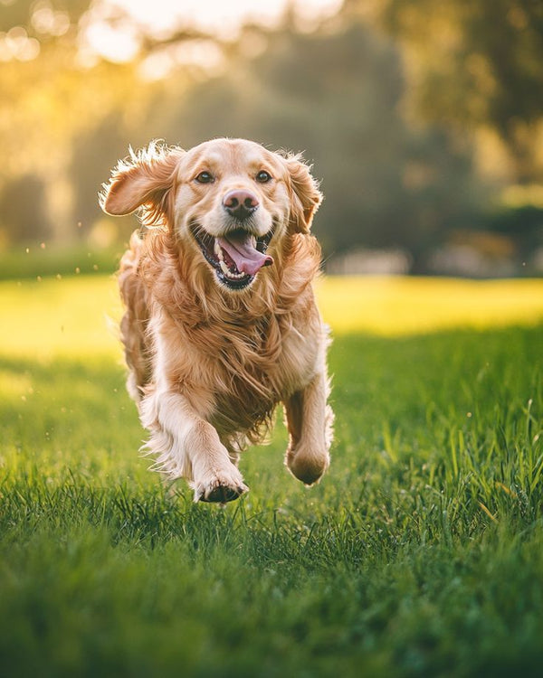 Dog running across grass
